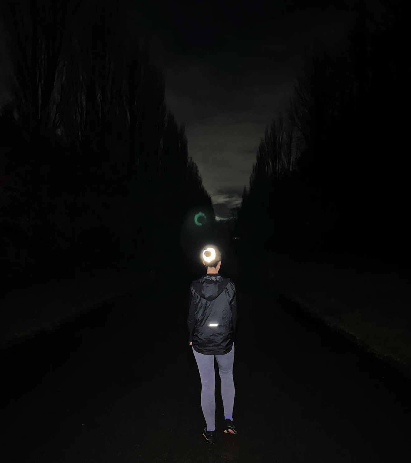 Runner standing on a tree-lined avenue at night, reflective stripe on jacket catching the light