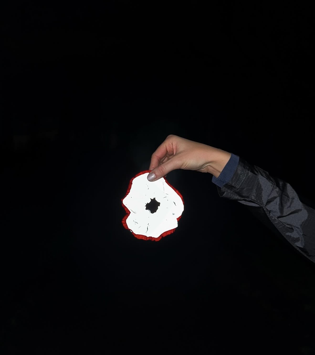 A reflective Eve Marmalade scrunchie with red trim, held up against a black background